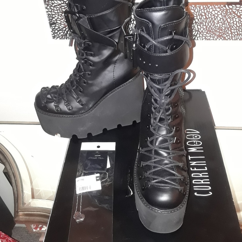 Platform combat boots and DollsKill necklace